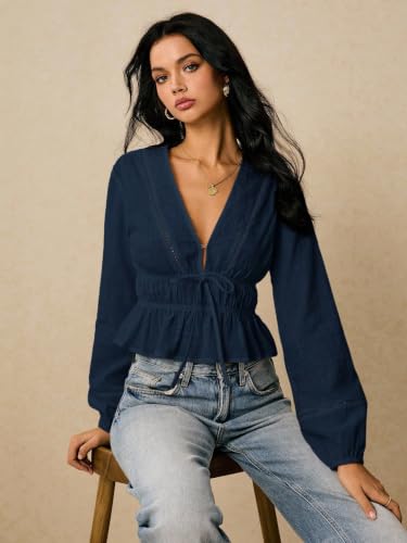 Image of Shasmi Women's Solid Deep V Neck Cotton Long Bishop Sleeve Drawstring Waist Ruffle Hem Peplum Top | Blouse | Casual Boho Cottagecore Shirt for Office, Vacation & Daily (Top 304)