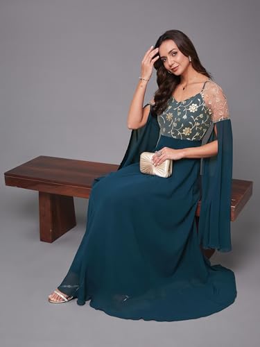 Image of Miss Chase Women's Round Neck Sleeve Embellished Fit Flare Maxi Dress