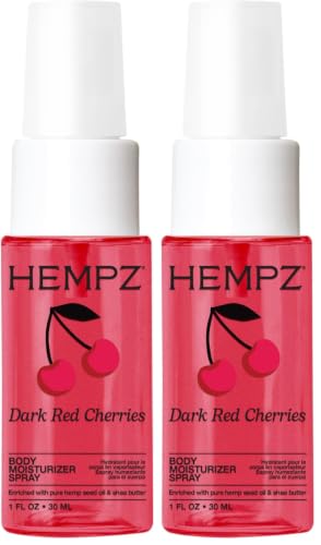 Hempz Cherry Hydrating Mist Spray, Dark Red Cherries lightweight fragrance, Travel Size Moisturizer, Beach Vacation Essential, 1 fl.oz. (Pack of 2)
