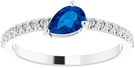 Diamond2Deal 14K White Gold Blue Sapphire & 1/6 ct Diamond Stackable Ring Size 7