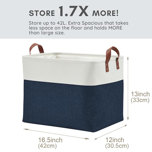 Image of DECOMOMO Large Storage Baskets | Closet Storage Bins 17x12x13inch Canvas Baskets For Storage Laundry Nursery Toys Cloth Linen (Navy Blue & White , XXL - 3 Pack)