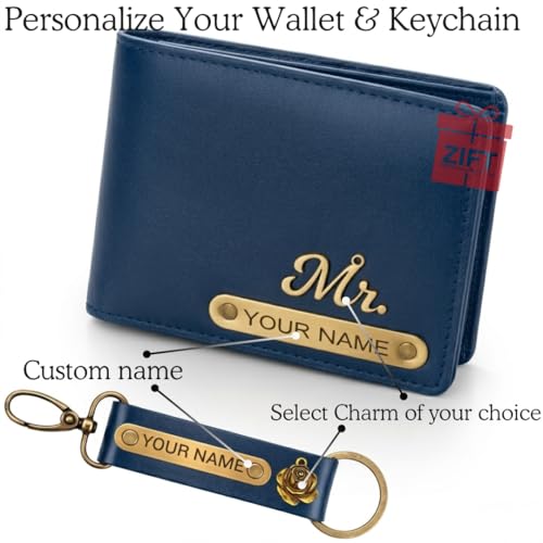 Image of Zift Personalized Name & Charm Leather Wallet & Keychain Gift Set for Men | Custom Name Engraved Wallet with Keychain | Birthday Anniversary Diwali Corporate Gifts for Men (Ocean Blue)