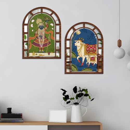 Image of Artvibes Artistic Shrinathji Cow Home Wall Decor | Jharokha Mirror Wall Hanging for Living Room, Bedroom, Hall, Temple Room, Office & Dining Area | Gift (WHJ 12050N), Set of 2