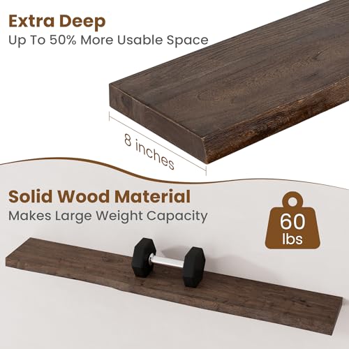 Image of Floating Shelves for Wall Decor, Rustic Solid Elm Wood Live Edge Floating Shelves Wall Mounted, Wall Shelves with Invisible Bracket for Living Room Bathroom Bedroom Kitchen, 48 Inch, Walnut
