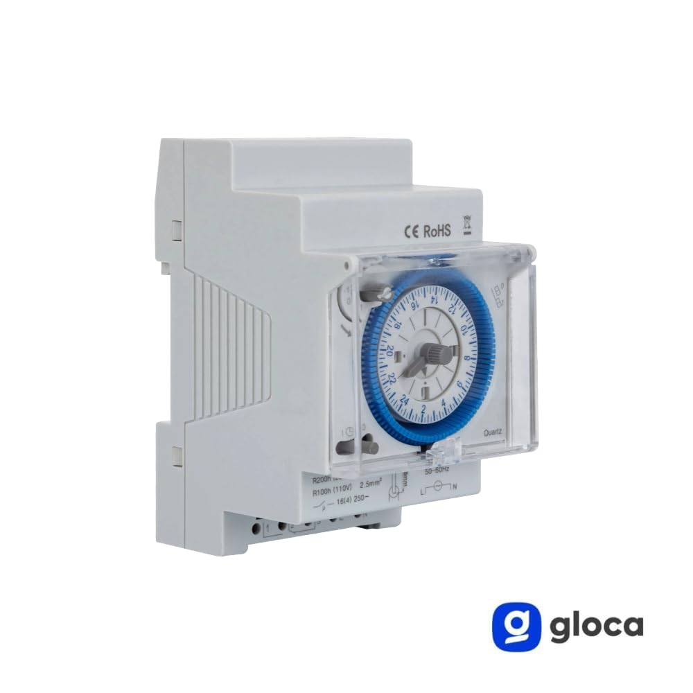 gloca Timer Orario Meccanico 24 Ore - Interruttore Orario Temporizzatore Giornaliero su Guida DIN, 16A, 85-250V AC, 50/60Hz, Programmatore Analogico per Luci e Impianti Elettrici