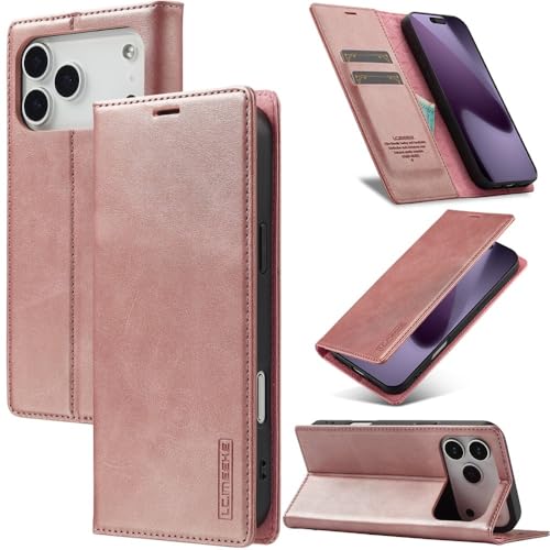 Étui iPhone 15 or rose résolvant le manque de place avec son portefeuille en cuir