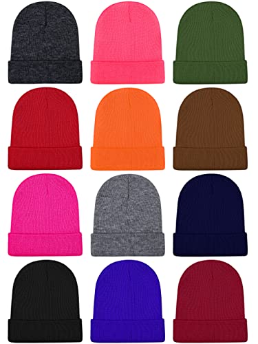 Cooraby 12 Pack Kid's Winter Beanies Knit Warm Cold Weather Beanies Hats, Assorted Colors