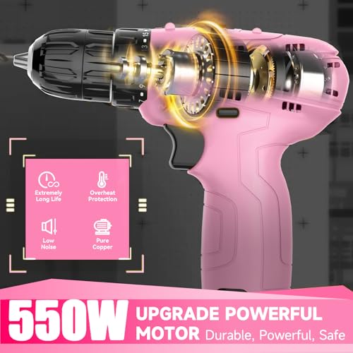 Image of Tegatok Cordless Drill Set,12V Power Drill Set with Battery and Charger, Electric Driver Drills Bits, 3 /8'' Keyless Chuck,18+1 Torque Setting with LED Electric Drills Set, Pink