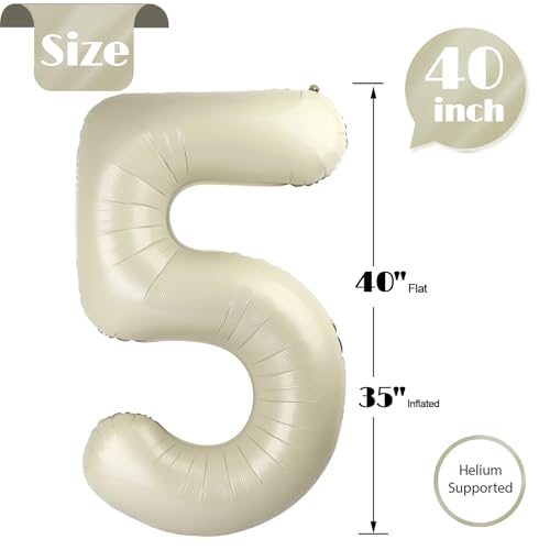 Image of Cream 5 Balloon, Number Balloons 40 Inch, 5th Birthday Balloons Decorations, Cream Party Supplies, 5 Number Balloons, Number 5 Balloon