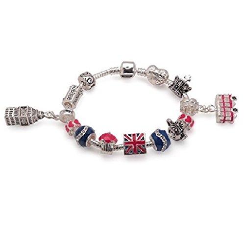 liberty charms Adults Teenagers Queen Elizabeth Union Jack London Silver Plated Charm Bead Bracelet
