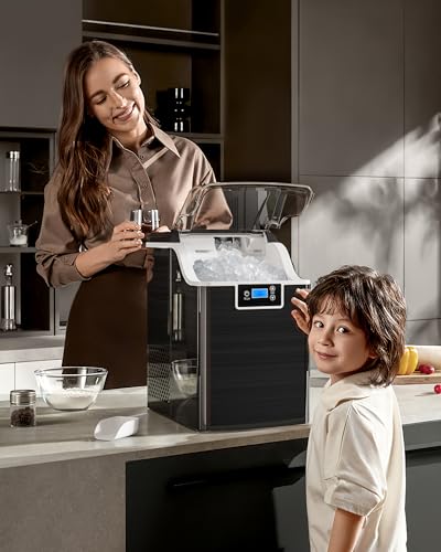 Kismile Nugget Ice Makers Countertop, 45lbs/Day Pebble Ice Maker Machine with 24-Hour Timer, Self-Cleaning Sonic ice Maker with Ice Scoop and Ice Basket for Home & Kitchen (Stainless Steels Black)