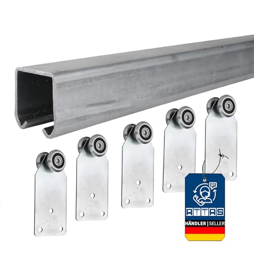ATTAS Kit complet de système de porte coulissante 400 cm – Rails avec roulettes pour portes et portails coulissants – Robuste et résistant aux...