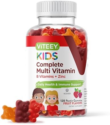 Viteey Kids Multivitamin Gummies, Complete Daily Essential Kids Vitamins – Great for Immune Support & Overall Health – 12 Essential Minerals & Vitamins – Vegetarian, Gelatin Free- Fruit Flavor Gummy