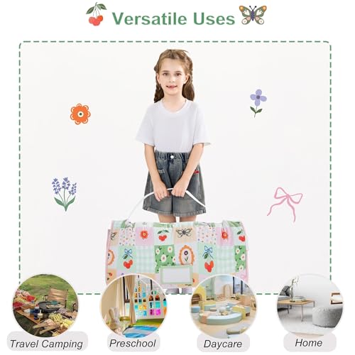 Image of Viviland Toddler Nap Mat, Rolled Sleeping Mats with Pillow and Minky Dot Blanket for Girls, Kids Slumber Bag Nap Mat for Preschool, Daycare, Kindergarten, Travel Camping - Patchwork Flower