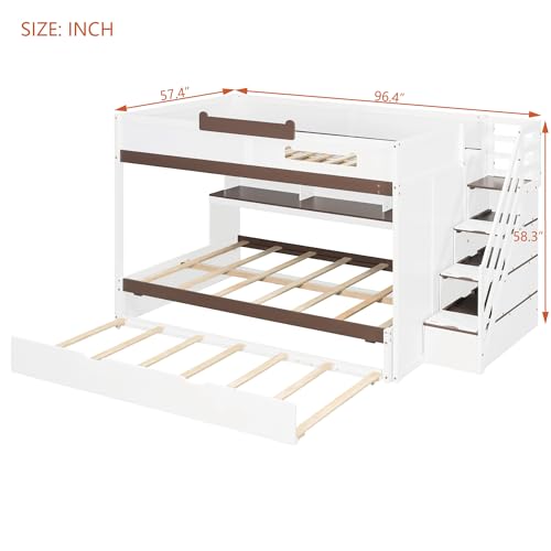 Image of Merax Full Over Full Wood Bunk Bed with Twin Size Trundle with Stairs & Hidden Storage & Shelves, Built-in 3-in-1 LED Lights, Multi-Level Storage Hub, Space-Saving Bedroom Furniture, White+Brown