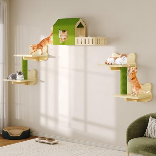 Image of DWVO Cat Wall Shelves and Perches for Wall, Solid Wood Wall Mounted Cat Furniture, Set of 7 Cats Climbing Shelves for Large Cats with Green Wall House and Fence, Steps, Scratching Posts