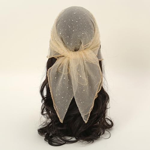 Women's Glitter Decor Head Scarf 31.5” Rhinestone Sparkle Sequin Square Hair Wrap Scarves Summer Fashion Mesh Bandana (Beige,80 * 80cm)2