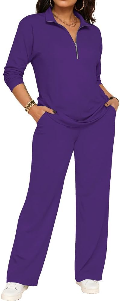 PINSV Women's 2 Piece Outfits Sweatsuit Lapel Half Zip Sweatshirts Wide Leg Pants Set Tracksuit - Image 2