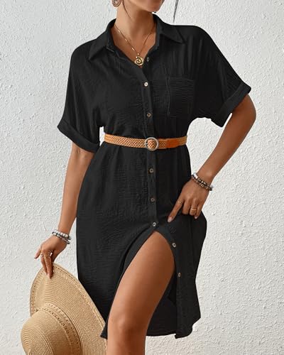 Bsubseach Womens Swimsuit Coverup Long Button Down Bathing Suit Cover Ups Short Sleeve Summer Beach Shirt Dress with Pockets2