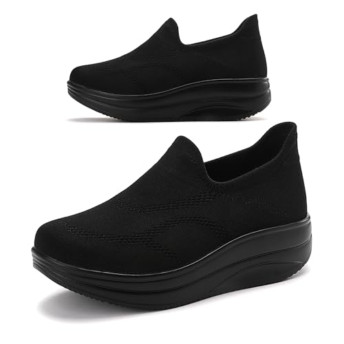 RUIDENG Loafers for Women Comfortable | Women's Walking Shoes Everyday Working | 2 Inch Rocker Bottom All Black Size 5