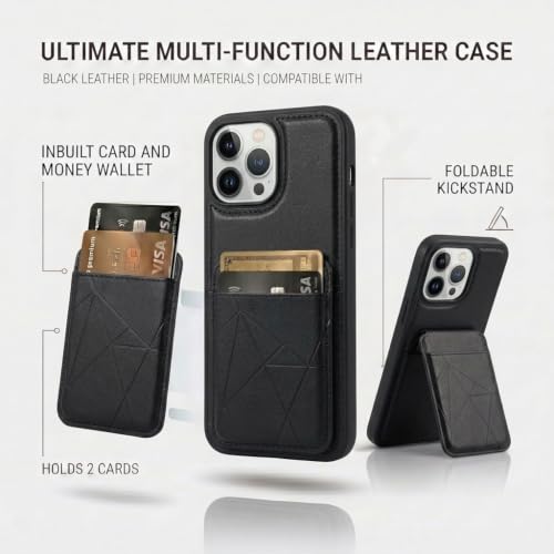 Image of amazon basics Premium Vegan Leather Back Cover with Card Holder and Integrated Mobile Stand for iPhone 13 Pro Max - Slim Shockproof Wallet Case with Geometric Stitching [Black]