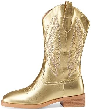 Z.Oufeier Women's Fashion Embroidered Mid Calf Square Toe Western Cowboy Boots Sparkly Gold Leather Wide Calf Low Block Heel Tall Cowgirl Boots(Gold,9)