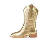 Z.Oufeier Women's Fashion Embroidered Mid Calf Square Toe Western Cowboy Boots Sparkly Gold Leather