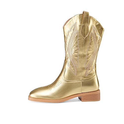 Z.oufeier Women's Fashion Embroidered Mid Calf Square Toe Western Cowboy Boots Sparkly Gold Leather Wide Calf Low Block Heel Tall Cowgirl Boots(Gold,9) #TOP2