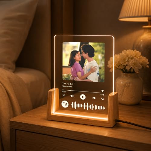 Image of Giftplease Custom Spotify Photo Frame with LED Light, Personalized Acrylic Music Plaque with Photo & Song QR Code, Wooden Base Night Lamp, Birthday, Anniversary, Valentine's | Husband, Wife, Mom, Dad