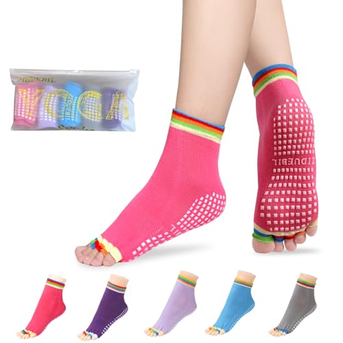 Women's Toe Separator Yoga Socks 5-Pack - Non-Slip Grips, Barefoot Pilates Socks with Open Toes, Breathable Cotton for Barre, Dance, Studio - Fits US 5.5-9.5 + Storage Bag