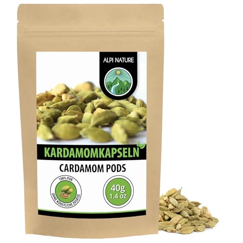 Alpi Nature Kardamomkapseln ganz 40g grüner Kardamom Samen zur Zubereitung von Elaichi Chai Kardamom grün ganz