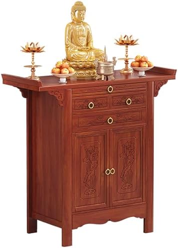 Buddhist Altar Table with Storage, Bamboo Meditation & Prayer Shrine, Chinese Offering Cabinet for Living Room, 34.7in Pedestal Stand for Spiritual Practice