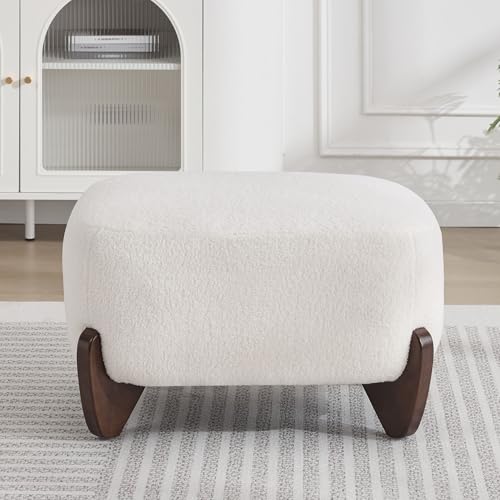 Image of WUTUTUEE 28.7 inch Sherpa Boucle Ottoman with Solid Wood Legs, Modern Upholstered Footstool, Comfy Ottoman for Living Room, Bedroom, White