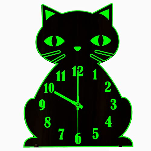 Wall Clock Glow In The Dark/Night Light Cat Wall Clock Silent Non-Ticking Wooden Wall Clocks Battery Operated Analog Clock Decorative For Bedroom Living Room Bathroom,12 Inch #TOP7