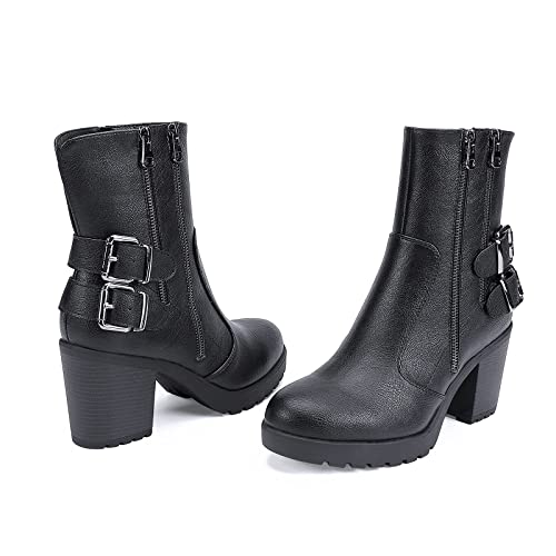 Centropoint Women's Fashion Chunky Heel Ankle Boots Goth Side Zip Buckles Knight Boot Ladies Party Round Toe Combat Booties(Black Pu, Numeric_9) #TOP3