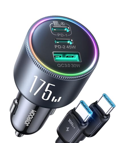 JOYROOM 175W Car Charger USB C Fast Charge, 3-Port Type C Super Fast Car Charger for iPhone 17 with USBC Cable, Cigarette Lighter Adapter for iPhone 17/16/15 Pro Max, Laptop, iPad, Samsung S25/S24/23