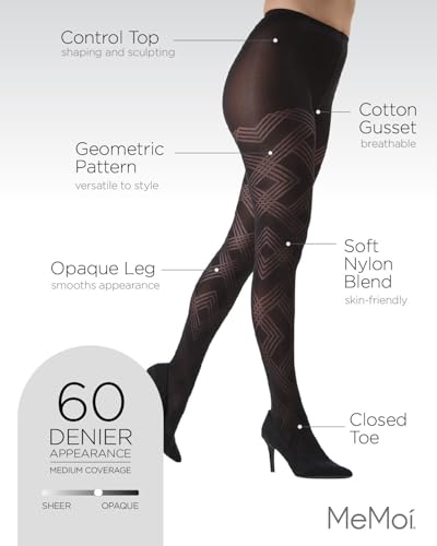 Image of MeMoi Geometric Pattern Control Top Tights, Smoothing Opaque Tummy Control Tights, 60 Denier - Sizes Small to Q2