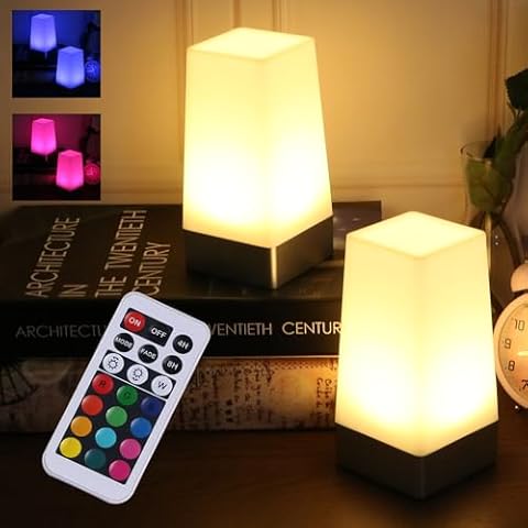 yucanucax 2pack Square Bedside lamp with Remote Control Color Changing Night Light Table lapm for Bed Room use 3x1.5V AA Battery(not Included) Cover