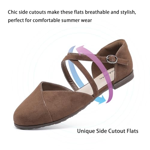 Saidoteto Women's Ankle Strap Flats - Comfortable Round Toe Dress Shoes with Adjustable Buckle, Criss-Cross Design for Work, Wedding, Office & Casual. Brown Size 11 WFT240810-032