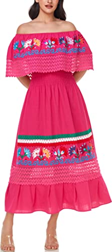 Image of YZXDORWJ Women Embroidered Mexican Peasant Casual Sexy Lace Off-Shoulder Long Dress