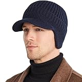 WANYI Gehörschutz Strickmütze Baseballmütze Schirmmütze Herren mit Ohrenklappen Wollmütze Wintermütze Elastisch Verdicken Warm Baseballcap für Herbst und Winter (Doppelschicht Marineblau)
