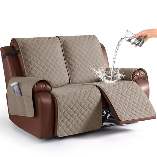 Image of KinCam Waterproof Loveseat Recliner Cover, Non-Slip Reclining Couch Covers for 2 Seat, Recliner Sofa Cover Furniture Protector with Elastic Straps for Kids, Pets, Taupe