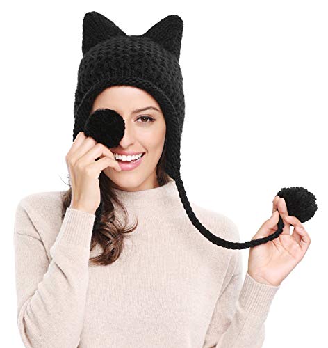 Bellady Winter Cute Cat Ears Knit Hat Ear Flap Crochet Beanie Hat, Black #TOP3