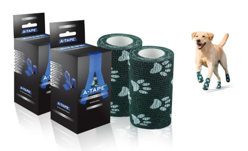 Image of A-Tape Breathable Self Adhesive Cohesive Bandage Wrap - Athletic Non-Woven for Sports, Medical Use, Injuries, Knee & Wrist Support - Suitable for Humans & Pets (Printed) (D Green Paw, 10cm Pack Of 2)