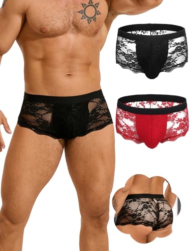 comeondear Mens Lace Underwear Panty Low Rise Bulge Pouch Boxer Briefs Sexy Floral See Through Lace Boxers Soft Mens Panty Red+Black