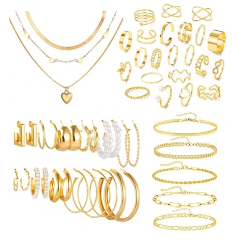 ZXTGBQ 54 Piezas Joyas de Mujer Chapado en Oro, Joyería y Colgante para Mujeres, Pulseras Collar y Pendientes de Oro, para Cumpleaños, Fiestas, Carnavales