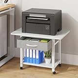 OYRREU Mobile Porta Stampante a 2 Livelli con Cassetto in Tessuto, 56x38cm Supporto per Stampante Mobiletto con Ruote, Scaffale da Scrivania per Ufficio Domestico, Adatto a Fax/3D/Scanner, Bianco