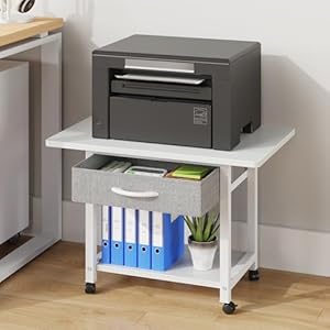 OYRREU Support Imprimante 2 Niveaux avec roulettes et Tiroir | Meuble pour Imprimante Bureau 56x38 cm | Organisation Scanner, Fax, Imprimante 3D | Blanc