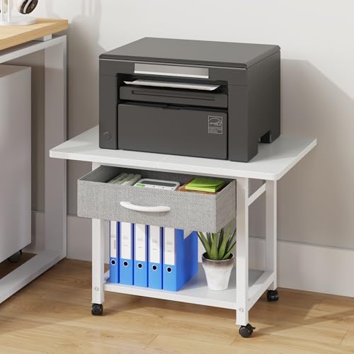 OYRREU Mesa para Impresora con Ruedas - Mueble Soporte para Impresora 2 Niveles con Cajón, Estantería de Oficina para Fax/Scanner/3D, Blanco