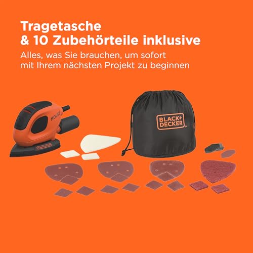 BLACK+DECKER Dreieckschleifer Mouse für staubfreies Schleifen (55 Watt Schleifmaschine, Schleifplatte 133 x 95 mm, Schleifen/Polieren, inkl. Schleifpapiere + Fingerschleifpapier) BEW230BCA